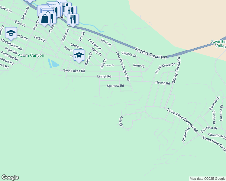 map of restaurants, bars, coffee shops, grocery stores, and more near 1686 Blackbird Road in Wrightwood