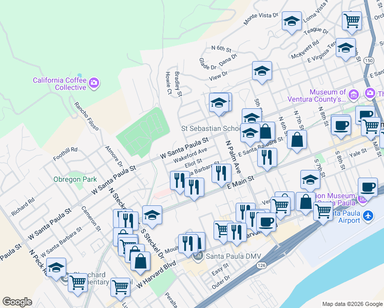map of restaurants, bars, coffee shops, grocery stores, and more near 201 Eliot Street in Santa Paula