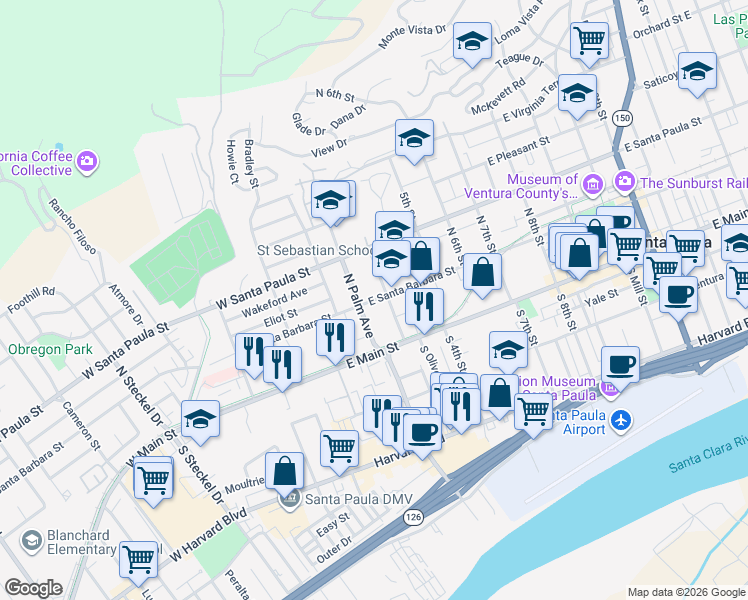 map of restaurants, bars, coffee shops, grocery stores, and more near 213 East Santa Barbara Street in Santa Paula