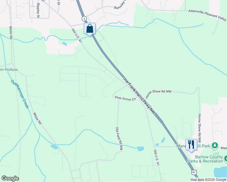 map of restaurants, bars, coffee shops, grocery stores, and more near 83 Pine Grove Circle in Adairsville