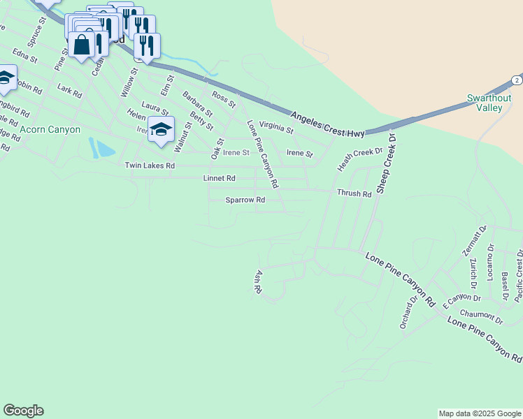 map of restaurants, bars, coffee shops, grocery stores, and more near Blackbird Road in Wrightwood