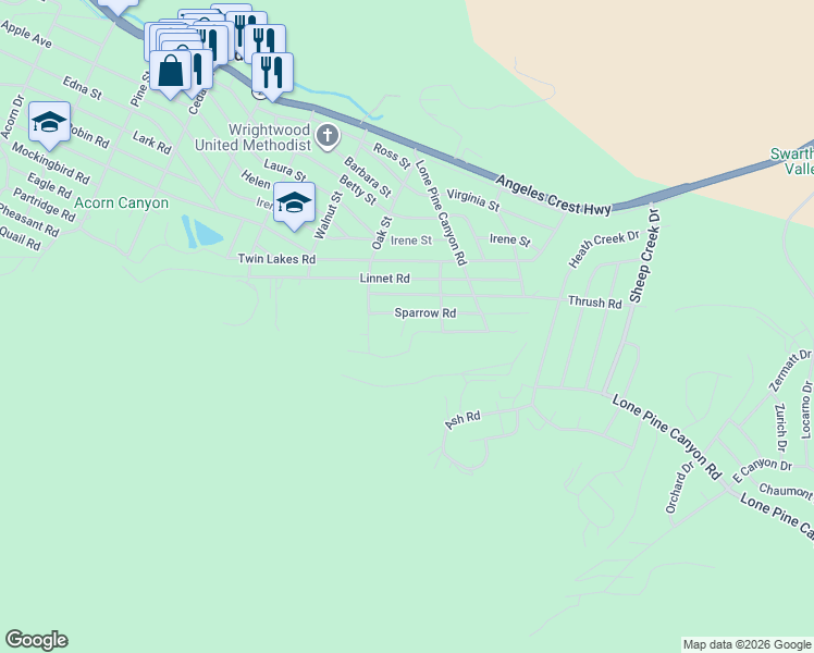 map of restaurants, bars, coffee shops, grocery stores, and more near 1686 Blackbird Road in Wrightwood