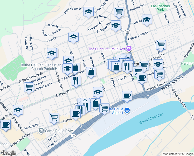 map of restaurants, bars, coffee shops, grocery stores, and more near 612 East Main Street in Santa Paula