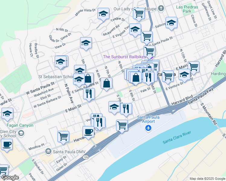 map of restaurants, bars, coffee shops, grocery stores, and more near in Santa Paula