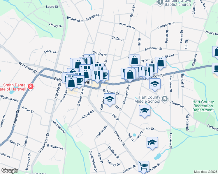 map of restaurants, bars, coffee shops, grocery stores, and more near 135 East Franklin Street in Hartwell