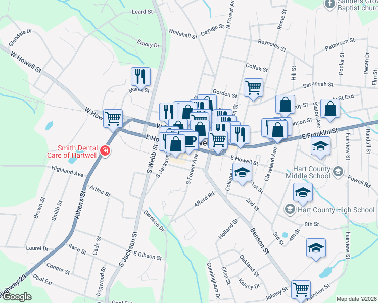 map of restaurants, bars, coffee shops, grocery stores, and more near 350 East Howell Street in Hartwell