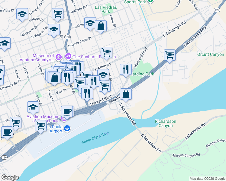 map of restaurants, bars, coffee shops, grocery stores, and more near in Santa Paula
