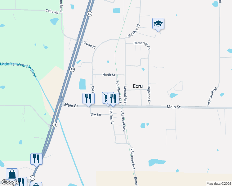 map of restaurants, bars, coffee shops, grocery stores, and more near 187 North Railroad Avenue in Ecru