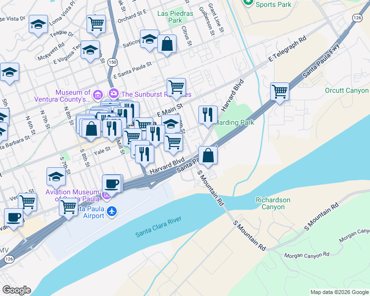 map of restaurants, bars, coffee shops, grocery stores, and more near 234 South 12th Street in Santa Paula