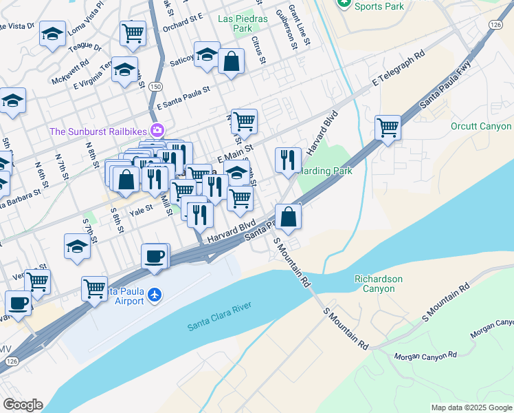 map of restaurants, bars, coffee shops, grocery stores, and more near 234 South 12th Street in Santa Paula