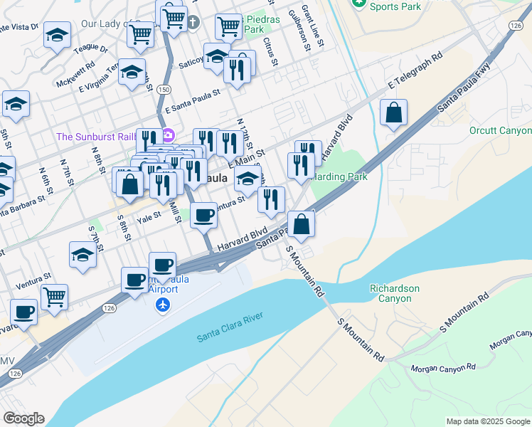 map of restaurants, bars, coffee shops, grocery stores, and more near 234 South 12th Street in Santa Paula