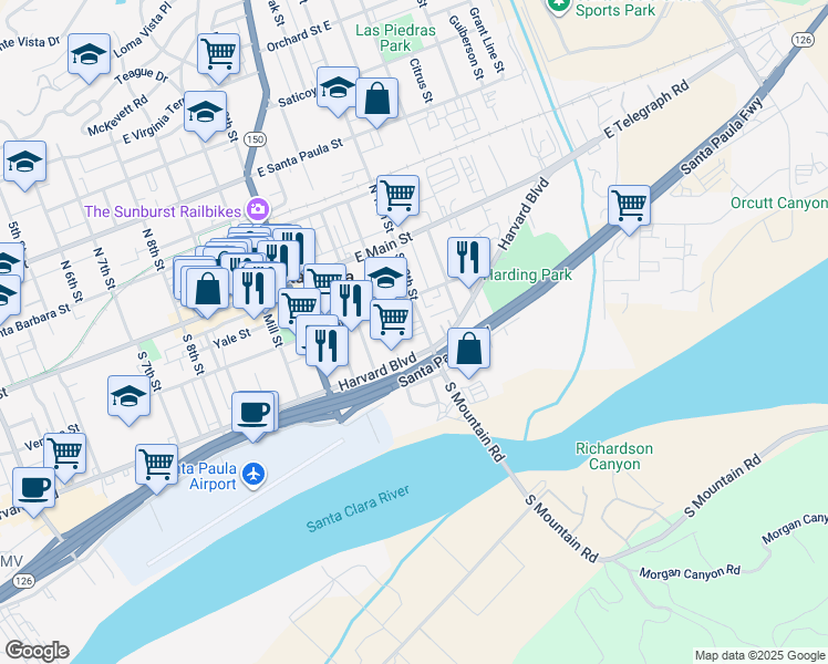 map of restaurants, bars, coffee shops, grocery stores, and more near 234 South 12th Street in Santa Paula