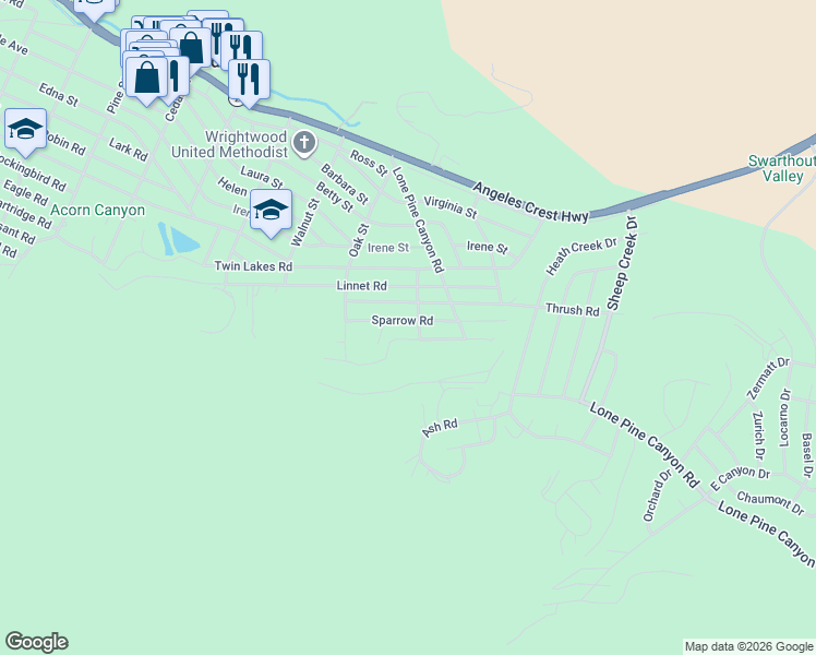 map of restaurants, bars, coffee shops, grocery stores, and more near 1721 Sparrow Road in Wrightwood