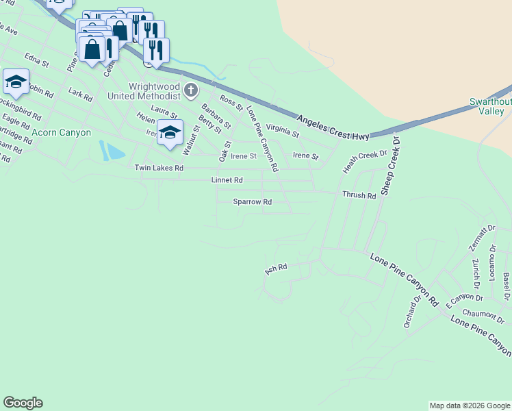 map of restaurants, bars, coffee shops, grocery stores, and more near 1721 Sparrow Road in Wrightwood
