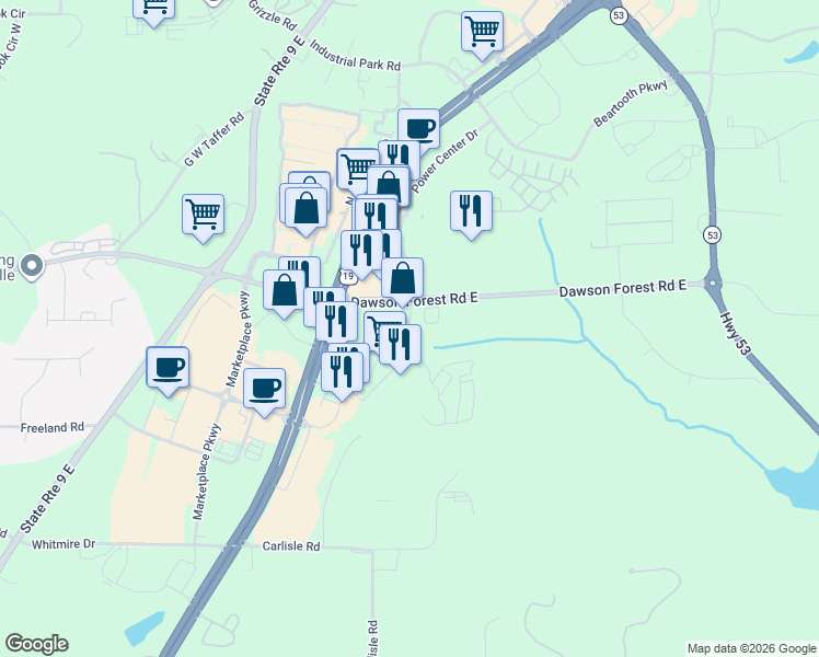 map of restaurants, bars, coffee shops, grocery stores, and more near Dawson Avenue in Dawson County