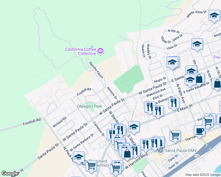 map of restaurants, bars, coffee shops, grocery stores, and more near 423 Atmore Drive in Santa Paula