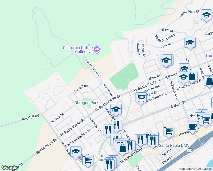 map of restaurants, bars, coffee shops, grocery stores, and more near 423 Atmore Drive in Santa Paula