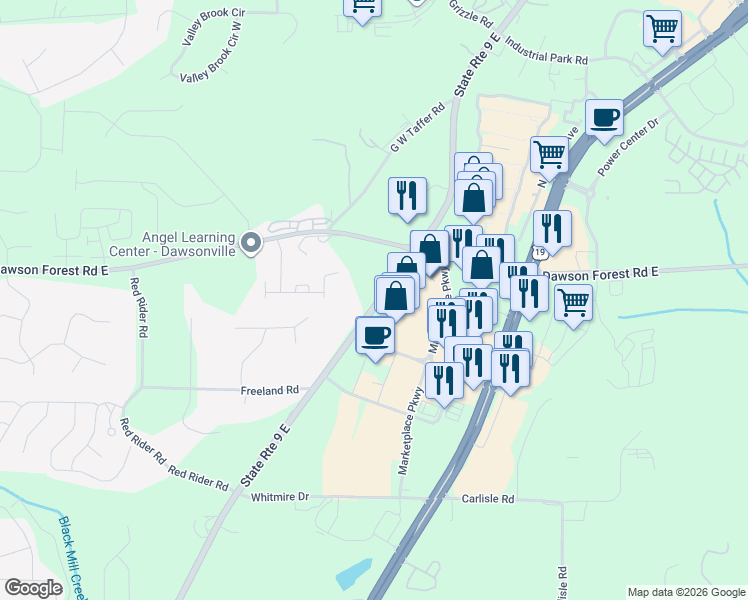map of restaurants, bars, coffee shops, grocery stores, and more near 1402 Lumpkin Campground Road South in Dawsonville