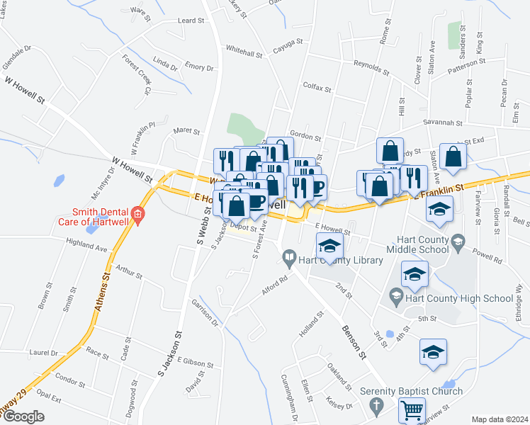 map of restaurants, bars, coffee shops, grocery stores, and more near 4 North Forest Avenue in Hartwell