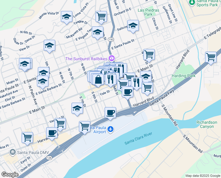 map of restaurants, bars, coffee shops, grocery stores, and more near 933 Yale Street in Santa Paula