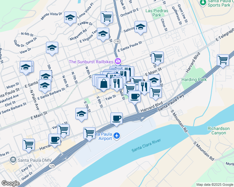 map of restaurants, bars, coffee shops, grocery stores, and more near 933 Yale Street in Santa Paula
