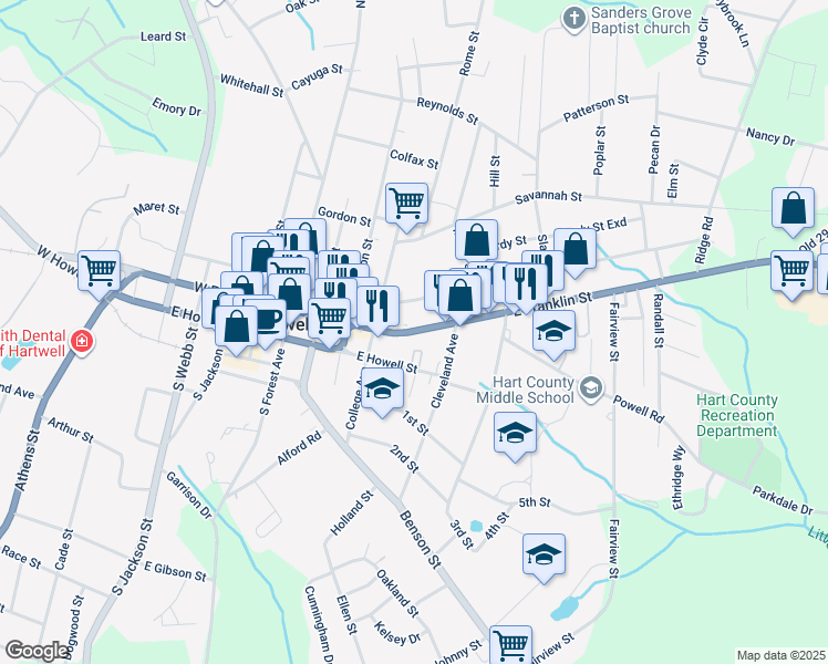 map of restaurants, bars, coffee shops, grocery stores, and more near 135 E Franklin St in Hartwell