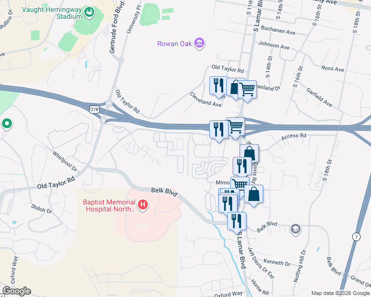 map of restaurants, bars, coffee shops, grocery stores, and more near 801 Frontage Road in Oxford