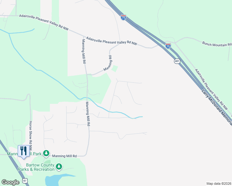 map of restaurants, bars, coffee shops, grocery stores, and more near 319 Rail Drive in Adairsville