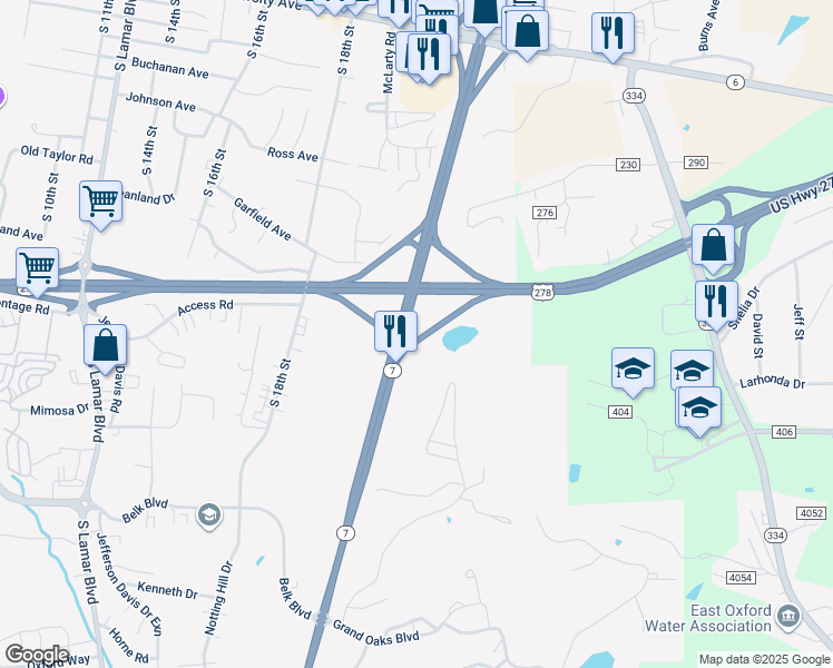map of restaurants, bars, coffee shops, grocery stores, and more near Highway 278 Northeast in Oxford
