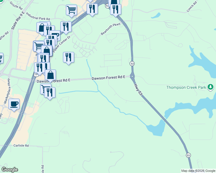 map of restaurants, bars, coffee shops, grocery stores, and more near 7142 Highway 53 in Dawsonville