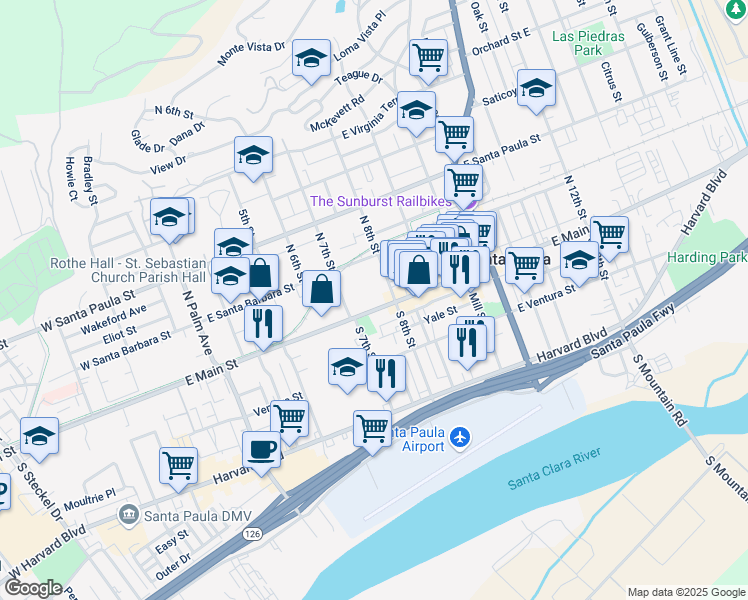 map of restaurants, bars, coffee shops, grocery stores, and more near in Santa Paula