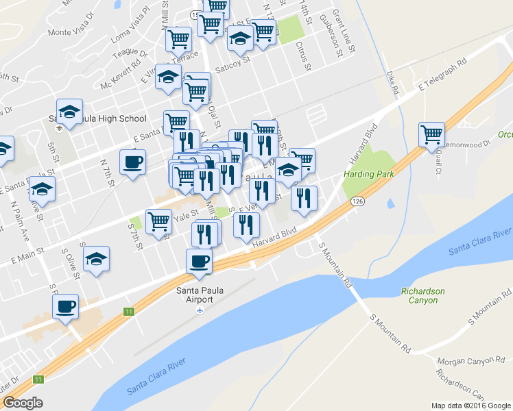 map of restaurants, bars, coffee shops, grocery stores, and more near 1061 East Ventura Street in Santa Paula