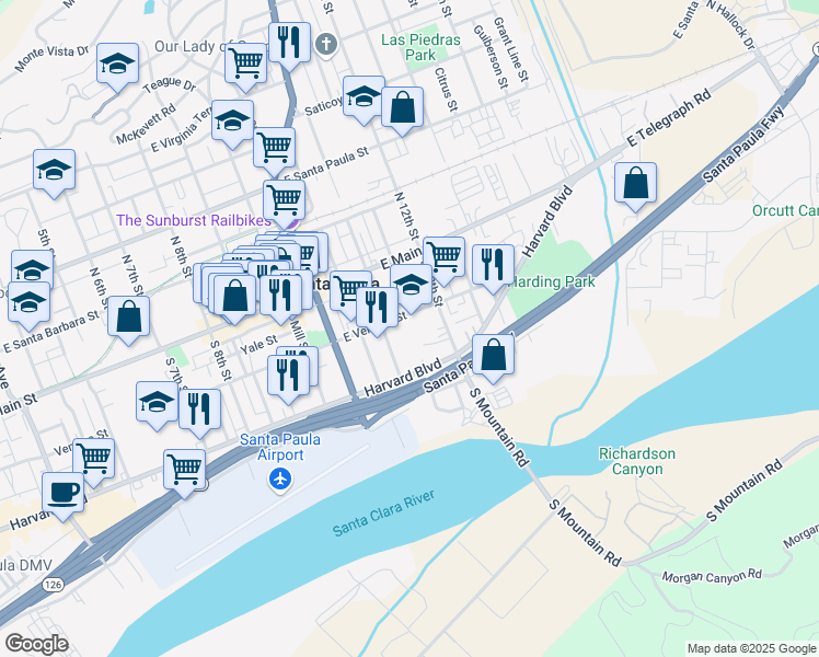 map of restaurants, bars, coffee shops, grocery stores, and more near 1144 East Ventura Street in Santa Paula