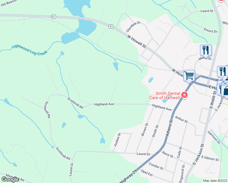 map of restaurants, bars, coffee shops, grocery stores, and more near Holly Street in Hartwell