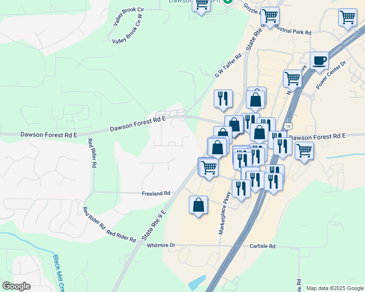 map of restaurants, bars, coffee shops, grocery stores, and more near 6 Wesley Way in Dawsonville