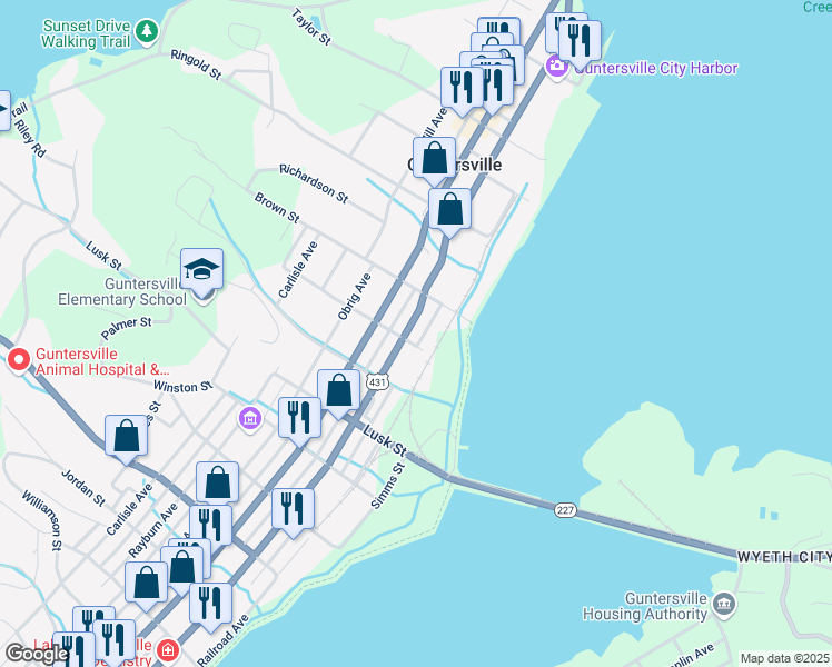 map of restaurants, bars, coffee shops, grocery stores, and more near 836 Blount Avenue in Guntersville