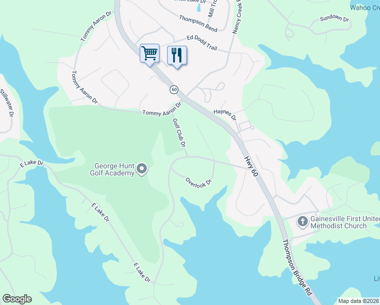 map of restaurants, bars, coffee shops, grocery stores, and more near 190 Club Drive in Gainesville