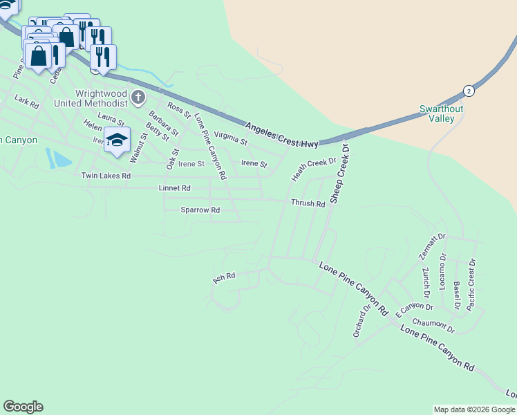 map of restaurants, bars, coffee shops, grocery stores, and more near 1876 Sparrow Road in Wrightwood