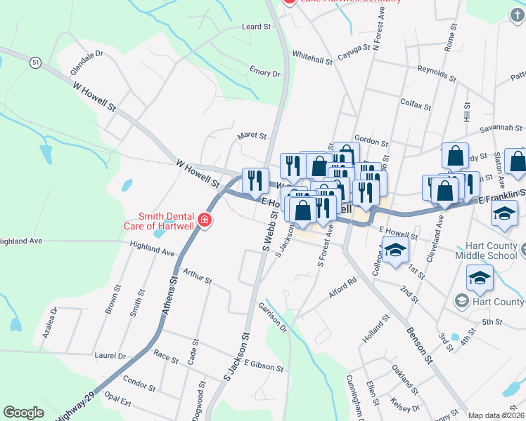 map of restaurants, bars, coffee shops, grocery stores, and more near 130 West Howell Street in Hartwell