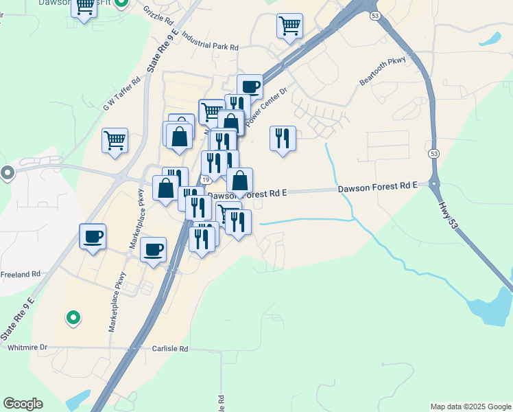 map of restaurants, bars, coffee shops, grocery stores, and more near 4200 Dawson Forest Road East in Dawsonville