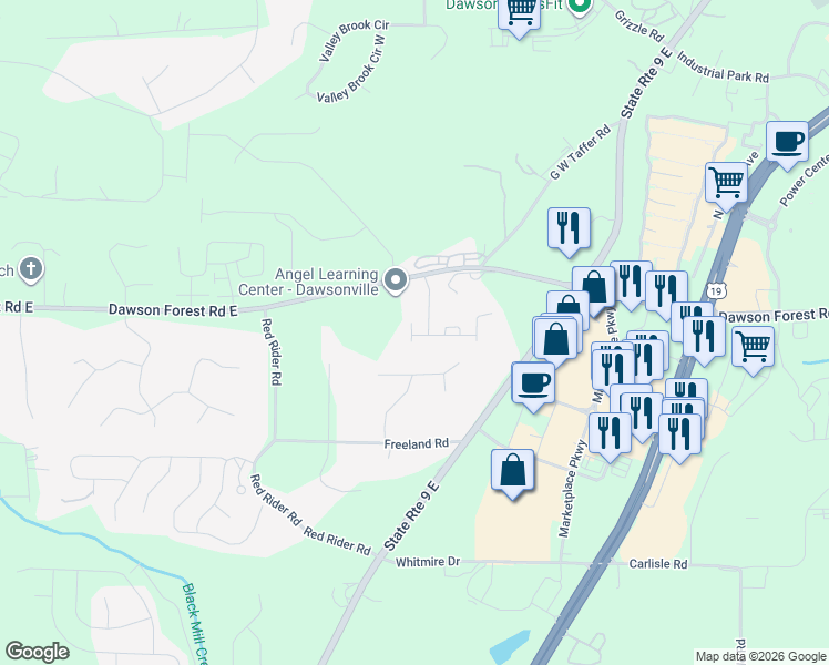 map of restaurants, bars, coffee shops, grocery stores, and more near 12 Ruthie Ln in Dawsonville