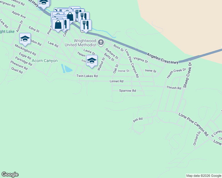 map of restaurants, bars, coffee shops, grocery stores, and more near 5632 Oak Street in Wrightwood