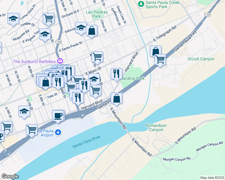 map of restaurants, bars, coffee shops, grocery stores, and more near 1227 Harvard Boulevard in Santa Paula