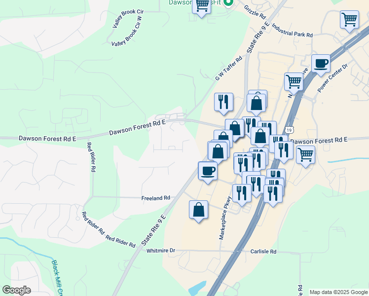 map of restaurants, bars, coffee shops, grocery stores, and more near 6 Wesley Way in Dawsonville