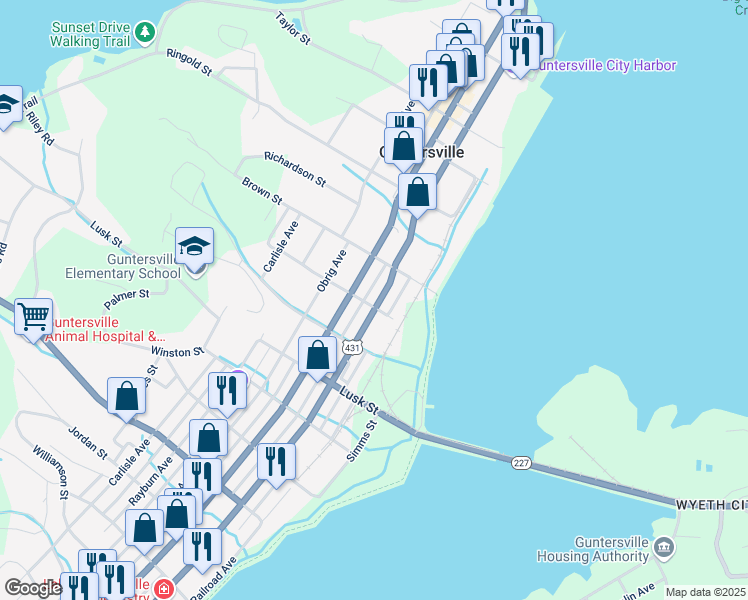 map of restaurants, bars, coffee shops, grocery stores, and more near 836 Blount Avenue in Guntersville