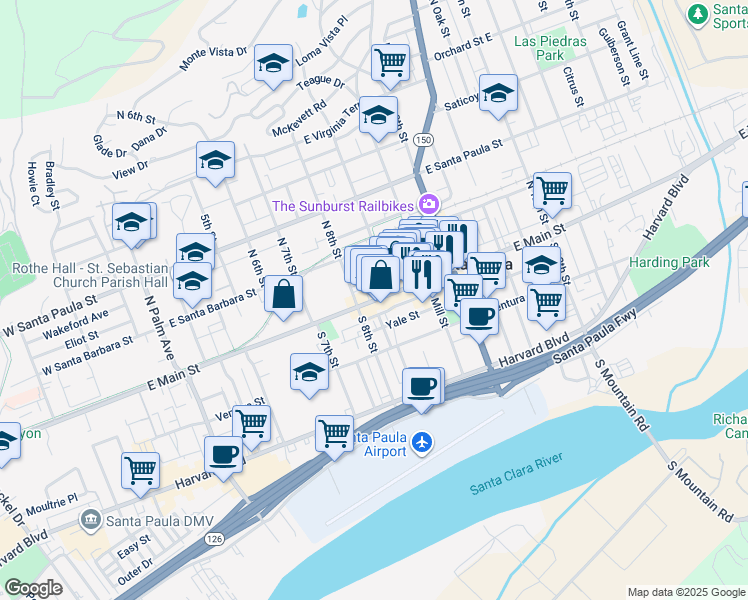 map of restaurants, bars, coffee shops, grocery stores, and more near 801 East Main Street in Santa Paula