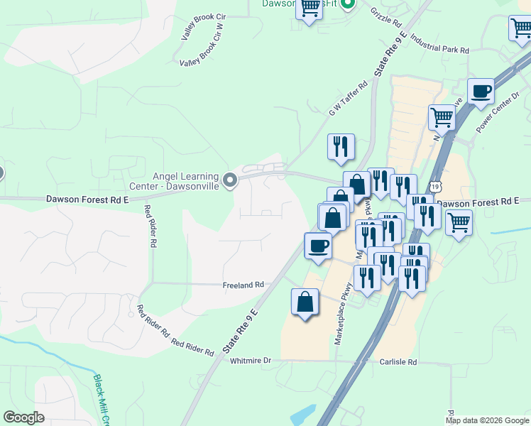 map of restaurants, bars, coffee shops, grocery stores, and more near 14 Evans Circle in Dawsonville