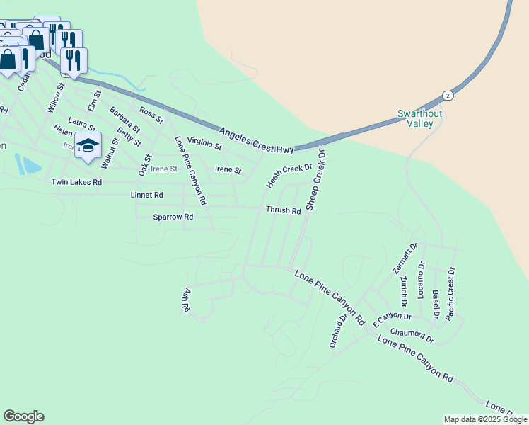map of restaurants, bars, coffee shops, grocery stores, and more near 5658 Lodgepole Drive in Wrightwood