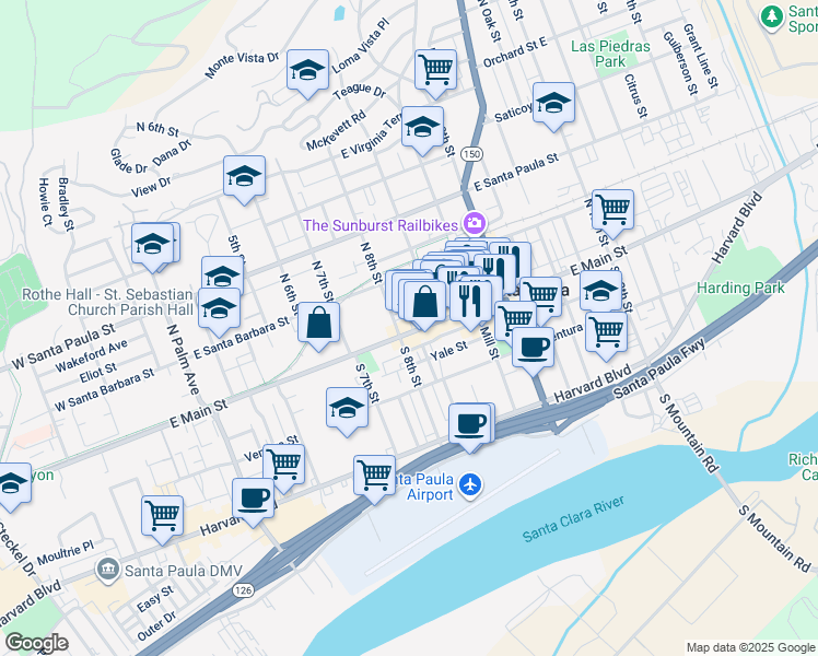 map of restaurants, bars, coffee shops, grocery stores, and more near 801 East Main Street in Santa Paula