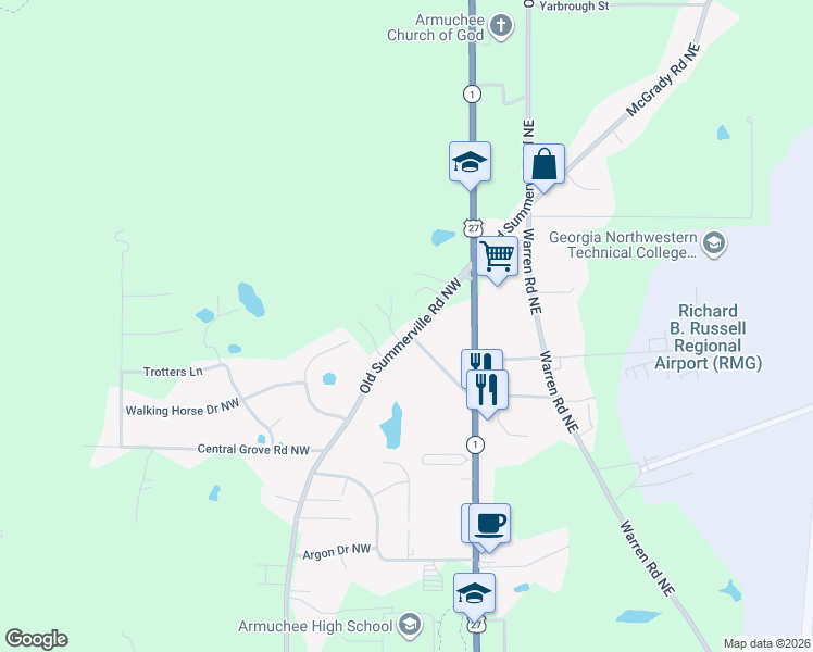map of restaurants, bars, coffee shops, grocery stores, and more near 1955 Old Summerville Road Northwest in Rome